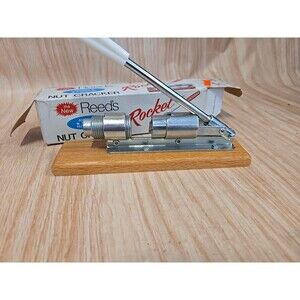 VINTAGE WALNUT PECAN NUT CRACKER METAL OAK WOOD BASE REEDS ROCKET